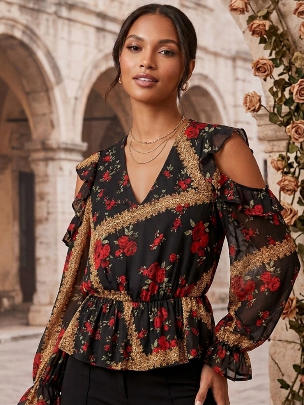 Black Floral Ruffle V-Neck Blouse with Red Roses